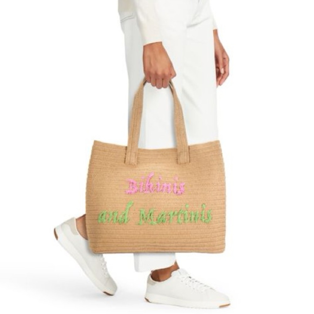 Sol and Mer Bikinis Braided Straw Martinis Pool Beach Tote Bag Snap Closure